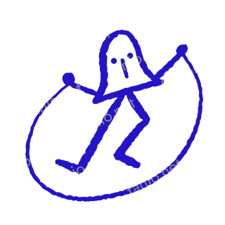 A child-like blue crayon doodle of a bell-shaped figure jumping high while swinging a skipping rope in a wide loop.