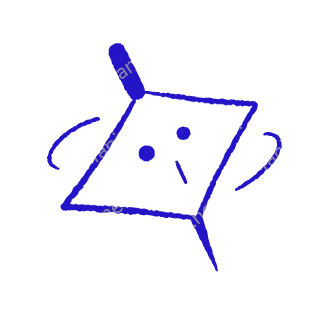 A child-like blue crayon doodle of a diamond-shaped spinning top with a solid handle, turning on its point with two motion lines.