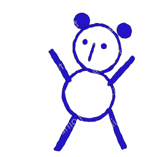 A child-like blue crayon doodle of a teddy bear with a round head, solid round ears and a round tummy, cheering with its arms up.