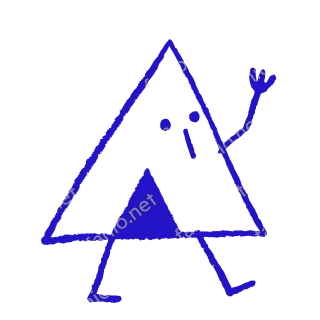 A child-like blue crayon doodle of a triangle tent with a solid doorway, walking on two legs and waving one arm.