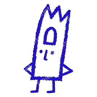 A child-like blue crayon doodle of a tall tower with a zigzag top and an arched window, standing with its hands on its hips.