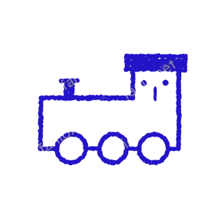 A child-like blue crayon doodle of a steam engine with a long box, a tall cab with a solid roof, a short chimney and three wheels.