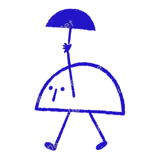 A child-like blue crayon doodle of an arch-shaped figure walking under one small open umbrella held above its head.