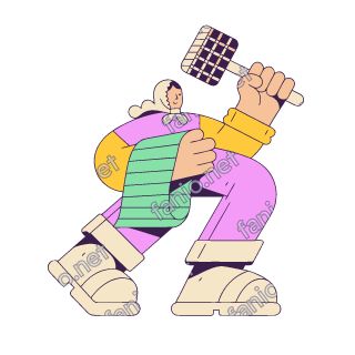 A flat pop illustration with a thin plum outline of a grandmother with a rug over one arm swinging a rug beater.