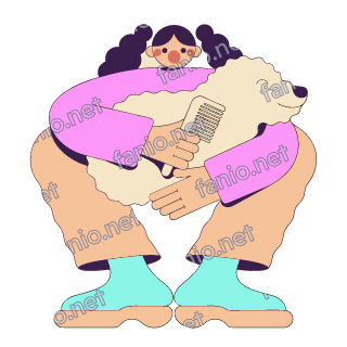 A flat pop illustration with a thin plum outline of a girl with puffy pigtails hugging a big fluffy dog and brushing it with a comb.