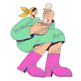 A flat pop illustration with a thin plum outline of a woman with a yellow headscarf and pink boots grinding cardamom pods in a mortar with a pestle.