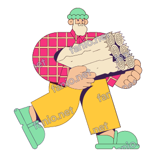 A flat pop illustration with a thin plum outline of a bearded man in a pink checked shirt carrying an armful of split logs.