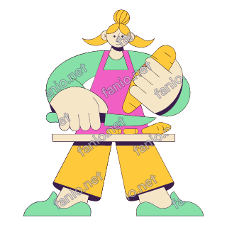 A flat pop illustration with a thin plum outline of a young woman with a topknot and a pink apron chopping carrots on a cutting board.