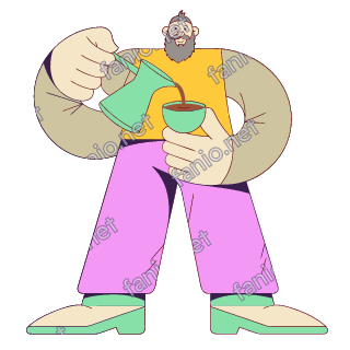 A flat pop illustration with a thin plum outline of a bearded host in a yellow vest pouring a stream of coffee from a mint coffee pot into a small cup.