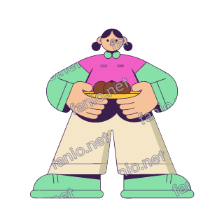 A flat pop illustration with a thin plum outline of a little girl with two pigtails offering a small yellow plate of dates in both hands.