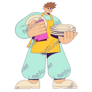 A flat pop illustration with a thin plum outline of a young man in a yellow apron drying a plate with a pink tea towel and holding a stack of plates.