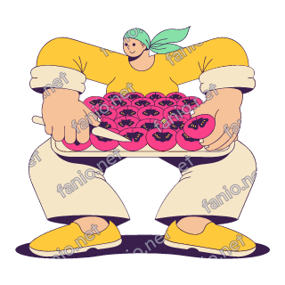 A flat pop illustration with a thin plum outline of a woman in a mint headscarf and rolled sleeves spreading halved tomatoes on a big flat tray.