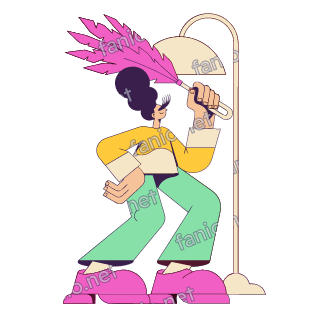 A flat pop illustration with a thin plum outline of a woman with a tall beehive hairdo dusting a floor lamp with a pink feather duster.