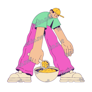 A flat pop illustration with a thin plum outline of a young man in a yellow cap and pink trousers bending down to scoop falafel mix from a cream bowl.