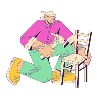 A flat pop illustration with a thin plum outline of a woman in a bandana kneeling and hammering a nail into a wooden chair.