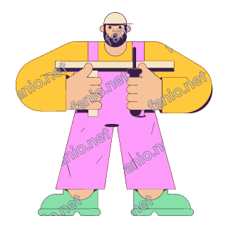 A flat pop illustration with a thin plum outline of a bearded man in pink overalls and a cap holding a wooden shelf level and turning a screwdriver.