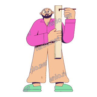 A flat pop illustration with a thin plum outline of a bearded man with glasses holding up a long wooden panel and turning a hex key.