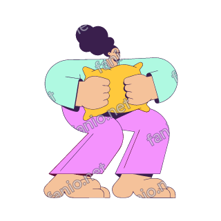 A flat pop illustration with a thin plum outline of a woman with a big afro puff squeezing a yellow pillow into shape.
