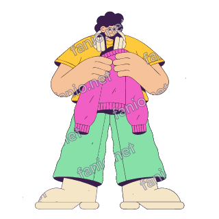 A flat pop illustration with a thin plum outline of a curly-haired teen with headphones around his neck folding a pink knitted sweater.