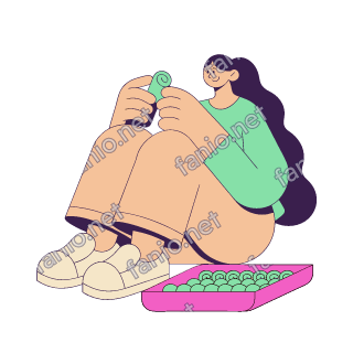 A flat pop illustration with a thin plum outline of a young woman in a mint blouse sitting and rolling a stuffed grape leaf above a pink tray of neat green rolls.