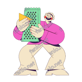 A flat pop illustration with a thin plum outline of a round man in a hairnet grating a wedge of cheese on a tall mint grater.