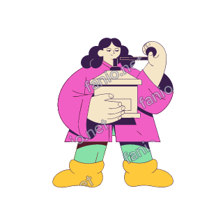 A flat pop illustration with a thin plum outline of a sleepy woman in a pink bathrobe turning the crank of a wooden coffee grinder.