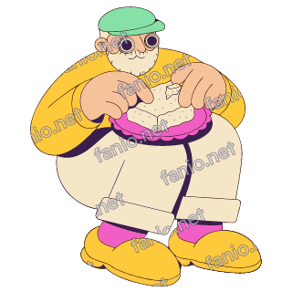 A flat pop illustration with a thin plum outline of a bearded grandfather in a mint cap and round glasses breaking a block of halawa on a pink plate.