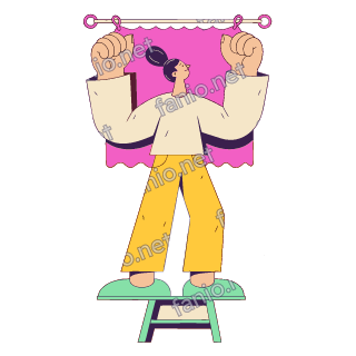 A flat pop illustration with a thin plum outline of a young man on a small mint stepladder hanging a pink curtain on a rod.