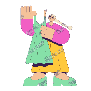 A flat pop illustration with a thin plum outline of a woman with a long braid pinning up a wet mint dress with a clothes peg.