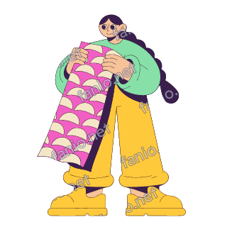 A flat pop illustration with a thin plum outline of a teenage girl with a long dark plait holding up a long patterned pink scarf to fold it.
