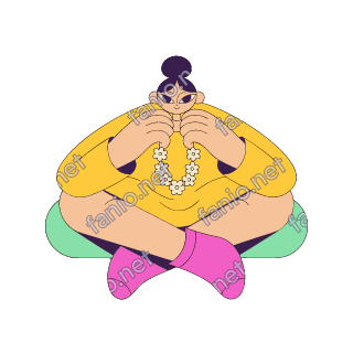 A flat pop illustration with a thin plum outline of a girl with a high bun in a yellow dress sitting cross-legged on a mint cushion and holding up a necklace of jasmine flowers.