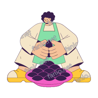 A flat pop illustration with a thin plum outline of a young woman with curly hair and a mint apron shaping a pointed kibbeh between her palms over a pink plate of kibbeh.