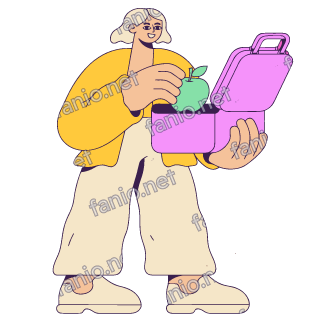 A flat pop illustration with a thin plum outline of a woman in a yellow cardigan putting a green apple into a pink lunchbox.