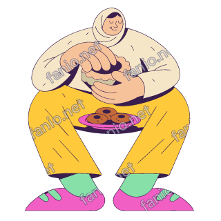 A flat pop illustration with a thin plum outline of a smiling grandmother in a beige headscarf pressing date cookie dough with a plate of round cookies on her lap.