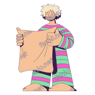 A flat pop illustration with a thin plum outline of a sleepy man in striped pyjamas holding up a big duvet by its corners.