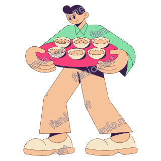 A flat pop illustration with a thin plum outline of a young man in a mint shirt carrying a big pink tray of small bowls of mezze.