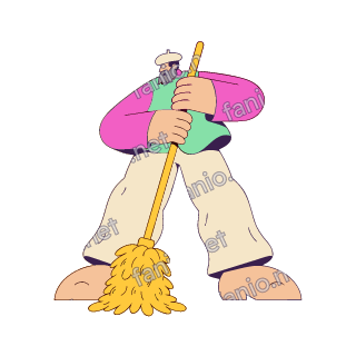 A flat pop illustration with a thin plum outline of an old man with a grey beard and beret mopping the floor with a yellow string mop.