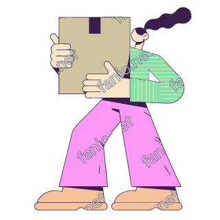 A flat pop illustration with a thin plum outline of a tall woman in pink trousers and a striped mint shirt carrying a large cardboard box.
