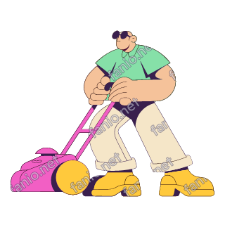 A flat pop illustration with a thin plum outline of a man with sunglasses on his head pushing a pink lawnmower.