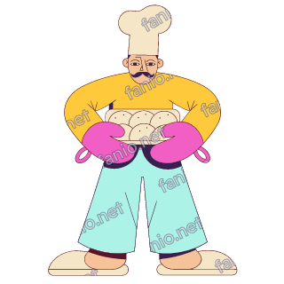 A flat pop illustration with a thin plum outline of a chef with a curled moustache carrying a tray of bread rolls in pink oven mitts.