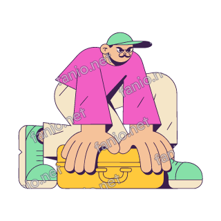 A flat pop illustration with a thin plum outline of a man in a cap kneeling and pressing down the lid of a full yellow suitcase.
