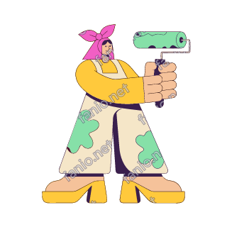 A flat pop illustration with a thin plum outline of a woman in a pink headscarf and paint-spotted overalls holding a mint paint roller up with both hands.