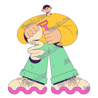 A flat pop illustration with a thin plum outline of a tall boy in a yellow sweatshirt peeling a potato with a pink peeler, the peel curling down.