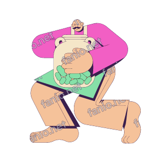 A flat pop illustration with a thin plum outline of a moustached man in a pink top hugging a big jar full of small green cucumbers.