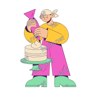 A flat pop illustration with a thin plum outline of a pastry cook in a bandana squeezing a pink piping bag onto a layer cake on a stand.