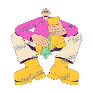 A flat pop illustration with a thin plum outline of a man in a pink jumper sitting and polishing a yellow boot with a mint cloth.