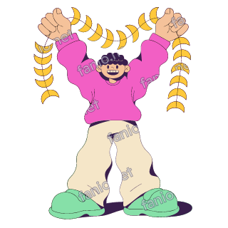 A flat pop illustration with a thin plum outline of a happy boy in a hot pink sweater holding up two strings of yellow crescent moon decorations.