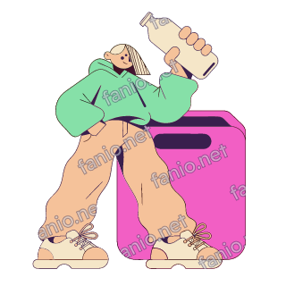 A flat pop illustration with a thin plum outline of a teen in a mint hoodie dropping a plastic bottle into a pink recycling bin.