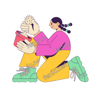 A flat pop illustration with a thin plum outline of a kneeling girl with braids lifting a small round cactus out of a red flowerpot.