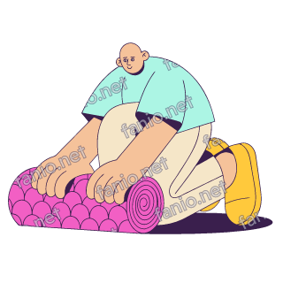A flat pop illustration with a thin plum outline of a bald man in a pale mint shirt kneeling and rolling up a pink patterned carpet with both hands.